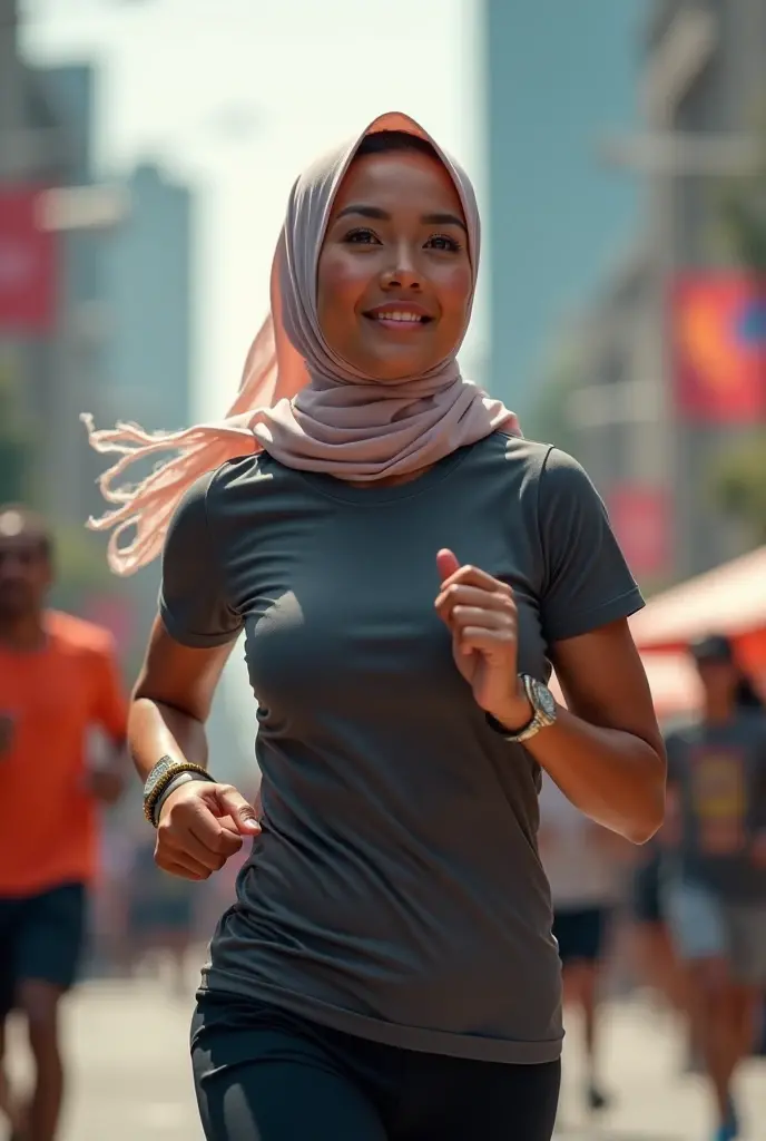 Portrait photo of a young Malay girl in hijab, (laughing:0.7) , Malaysian, posing, look at a camera, full body, black hijab, wear pink sport attire, complex city background, backlit, (cinematic:1.5), epic realistic, hyperdetailed, detailed skin texture, mole below eye, insane details, intricate details, accent lighting, soft volumetric light, bokeh, (dramatic light:1.2), (neutral colors:1.3), cross process, night background, portraying the motion and grace of running, showing the wind blowing her hijab, fluid movement, capturing the essence of her athleticism and energy, running, high quality, ultra detail, 8k