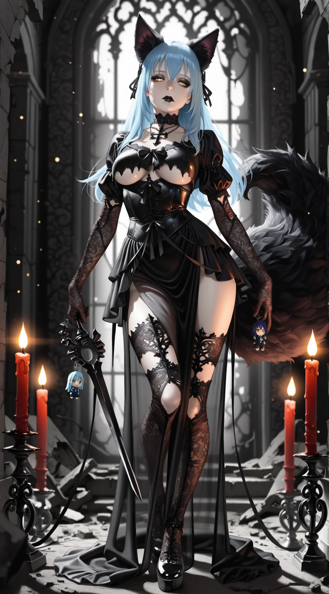 ((dark fantasy art)), beautiful demon girl, high glossy black cylinder hat, ((black skin)), dark black skin, black skin, (ash skin), (black glossy skin), long black hair, long bangs, sits, (hands together), (very short clothing), open belly, surrounded by cats, black liquids, highly detailed art, highly detailed background