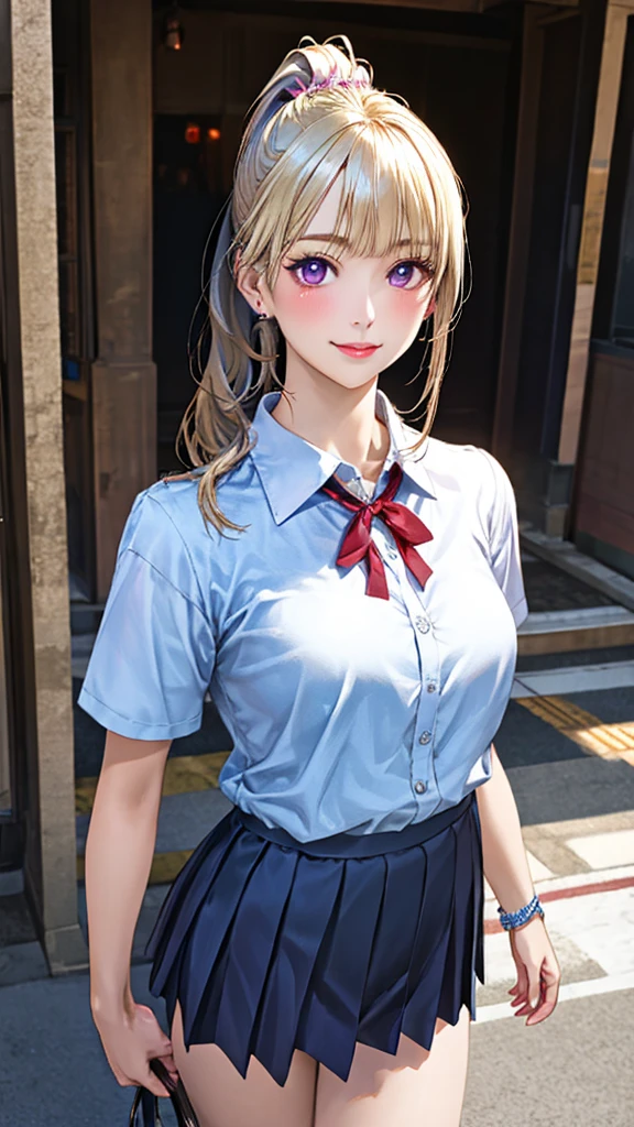 masterpiece, best quality, highres, 1girl, kei karuizawa, blue shirt, white skirt, standing, upper body, realistic <lora:kei_karuizawa_final:1>