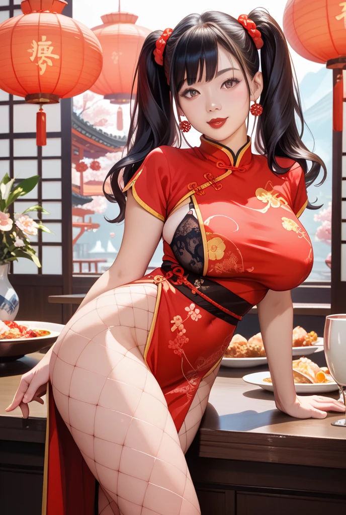 Mature Woman Red Chinese Dress Making meat buns Large Breasts Black Hair