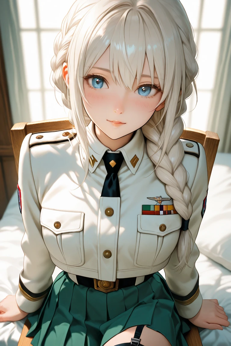 (masterpiece: 1.3), (Maximum resolution: 1.2), (Ultra HD TV: 1.2), Cinematic Light, 8K resolution, Detailed facial features , (Sharp focus: 1.2）,Perfect Style, Beautiful Face, Acura, Anatomically correct, Highly detailed face and skin quality感, Beautiful Eyes,ThroughｋBright Eyes,  Natural Cheeks, Glowing Skin,  (Glossy Lips: 1.4),、 (A shameful expression: 1.2),Highly detailed face and skin quality, Natural Cheeks, , Glossy Lips,Exposed cleavage、（White mucus on chest:1.6）（White mucus on thighs:1.6）、 blush、Humiliating、shame、Please open your knees、dissatisfaction、anger、tears、sorrow、Glaring at the camera、Spread your legs、Sparkly little earrings and necklace、Disheveled clothes、Exposed panties、stockings、Drenched in sweat、Thin underwear、Wet underwear、stockings 、Long Hair、32 years old, Clean woman,1 person、 first class cabin、On the back of an armored vehicle(On my back, Lying down in bed, Lying down in bedいる, Lying down, White sheets:1.3)、blonde、Silver Hair、Blue-gray eyes、Green-gray eyes,(Miniskirt military uniform:1.4)、scarf、dissatisfaction、Masturbate、Nipple exposure、Soft Breasts、White bare thighs