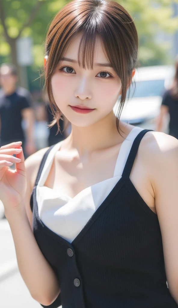 masutepiece, Best Quality, Illustration, Ultra-detailed, finely detail, hight resolution, 8K Wallpaper, Perfect dynamic composition, Beautiful detailed eyes, doress, short Hair, mid-chest, Natural Color Lip, Random and sexy poses,Smile, Blurred white studio background、20 years girl、Colossal 、Too much exposure、No shoulder dress(black)、Exposing the chest、Slid、I keep my hair tied up