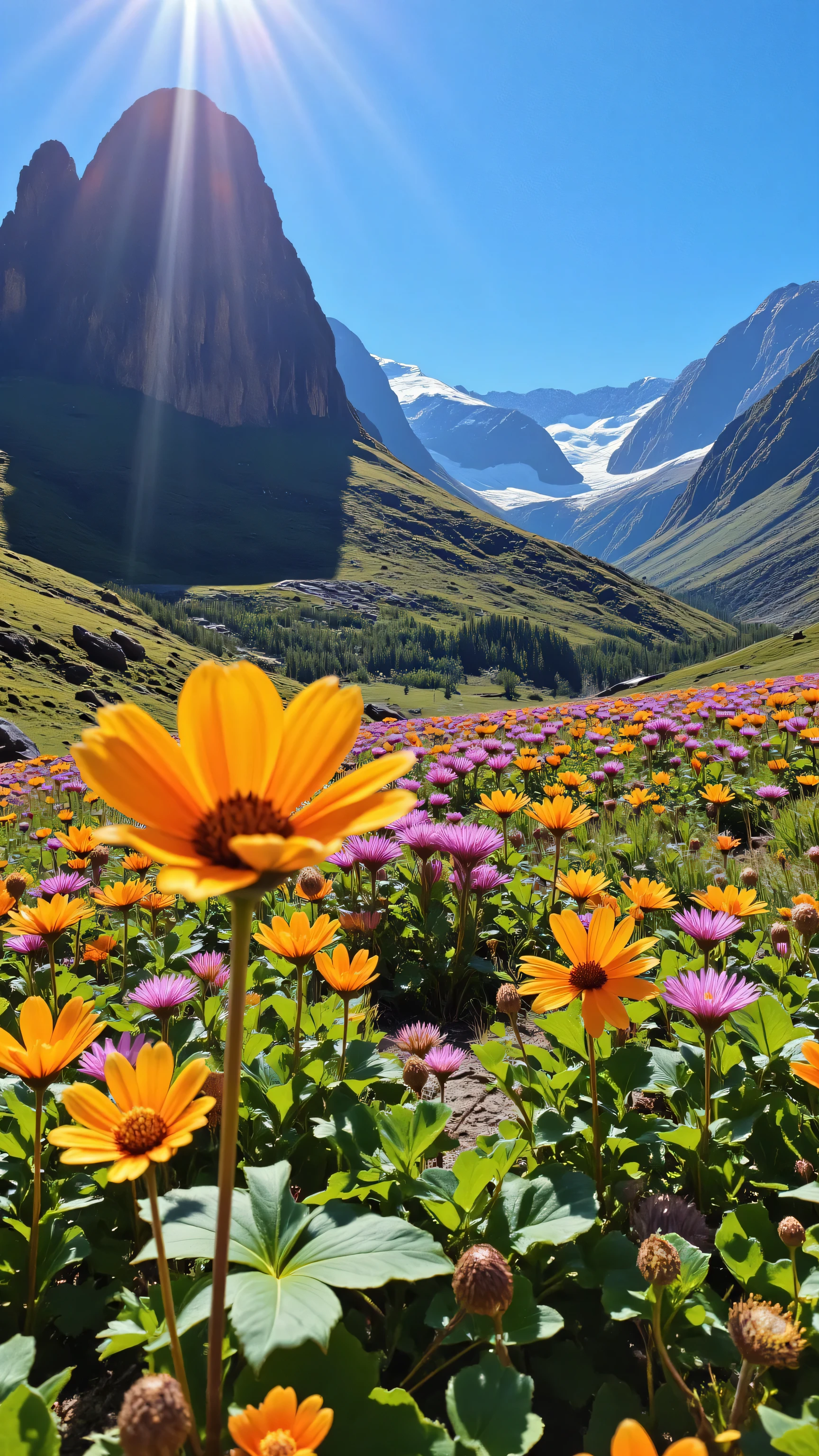  I'm imagining、What I'm imagining、A Masterpiece of Chilean Plateau Scenery、bright color、Epic Dramatic Style、Flowers at the Limits of the Forest々、Massive Megaliths、A gentle flower、Premium quality environment、Highland Scenery。