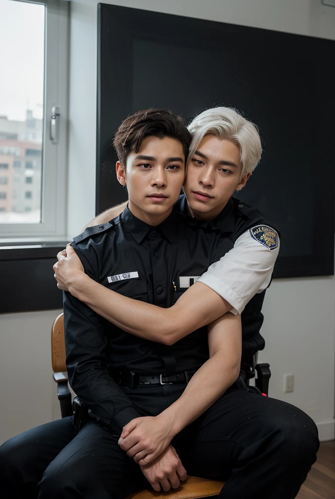 ((best quality)), ((masterpiece)), (detailed), 8K, HD, very masculine, a handsome and athletic  25 year old korean man, (((dark blue police uniform))), kissing an extremely handsome japanese man with oriental tattoos, gay, homoerotic, very romantic atmosphere, at night, ambient lighting, dramatic shadows, fill frame, perfection