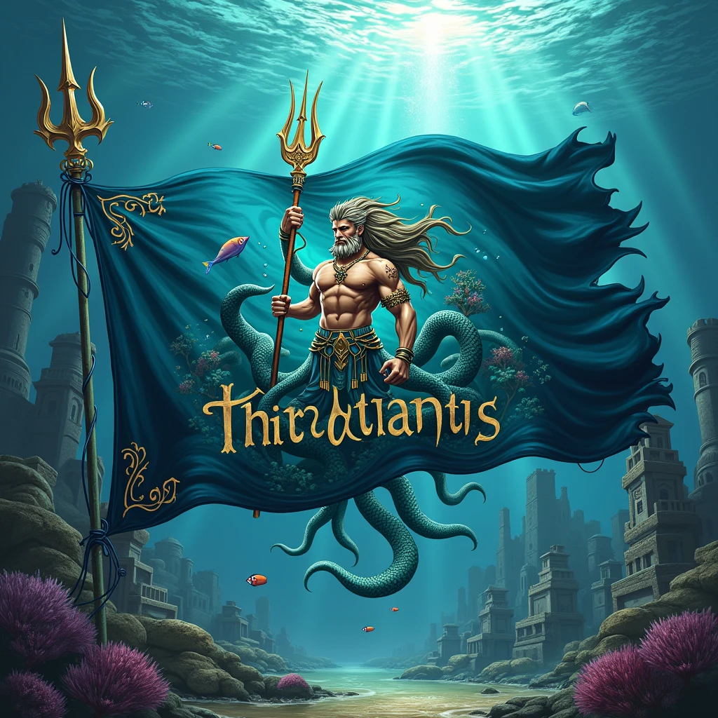 a team shield, with an image of poseidon with trident, a water background and the name "Atlantis" gargantuan