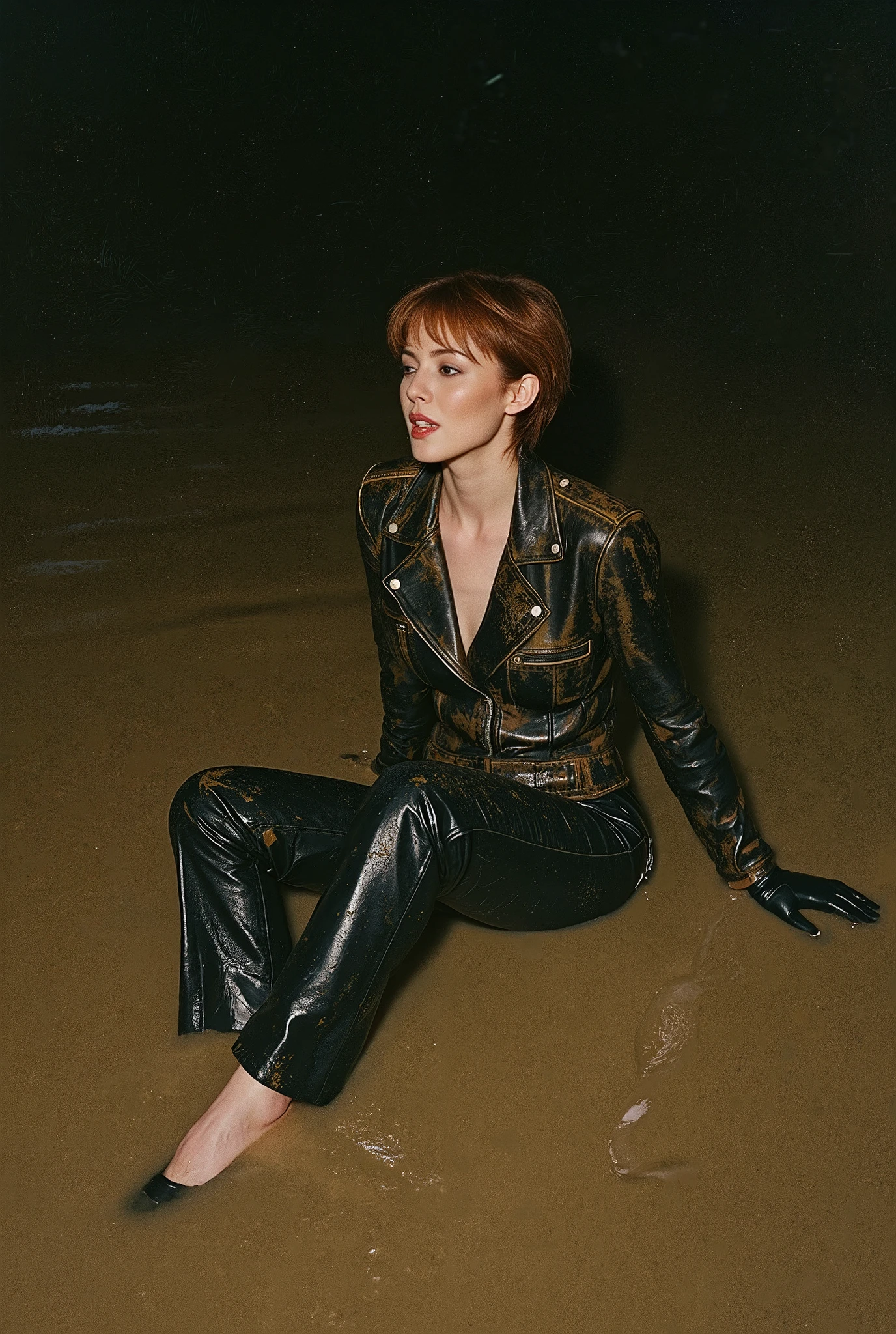 vintage film photo, (1 woman submissive, mid-aged, with bags under eyes and wrinkles, old-fashioned, copper-brunette short haircut, in a faded oiled wet leather biker jacket and faded ugly mud-covered tight flared biker leather pants, heels, gloves ,Sitting back on one's heels, drowning deep in mud) , dry-humping pose masturbation, stuck in sludge. gloomy orgasm. night, studio light