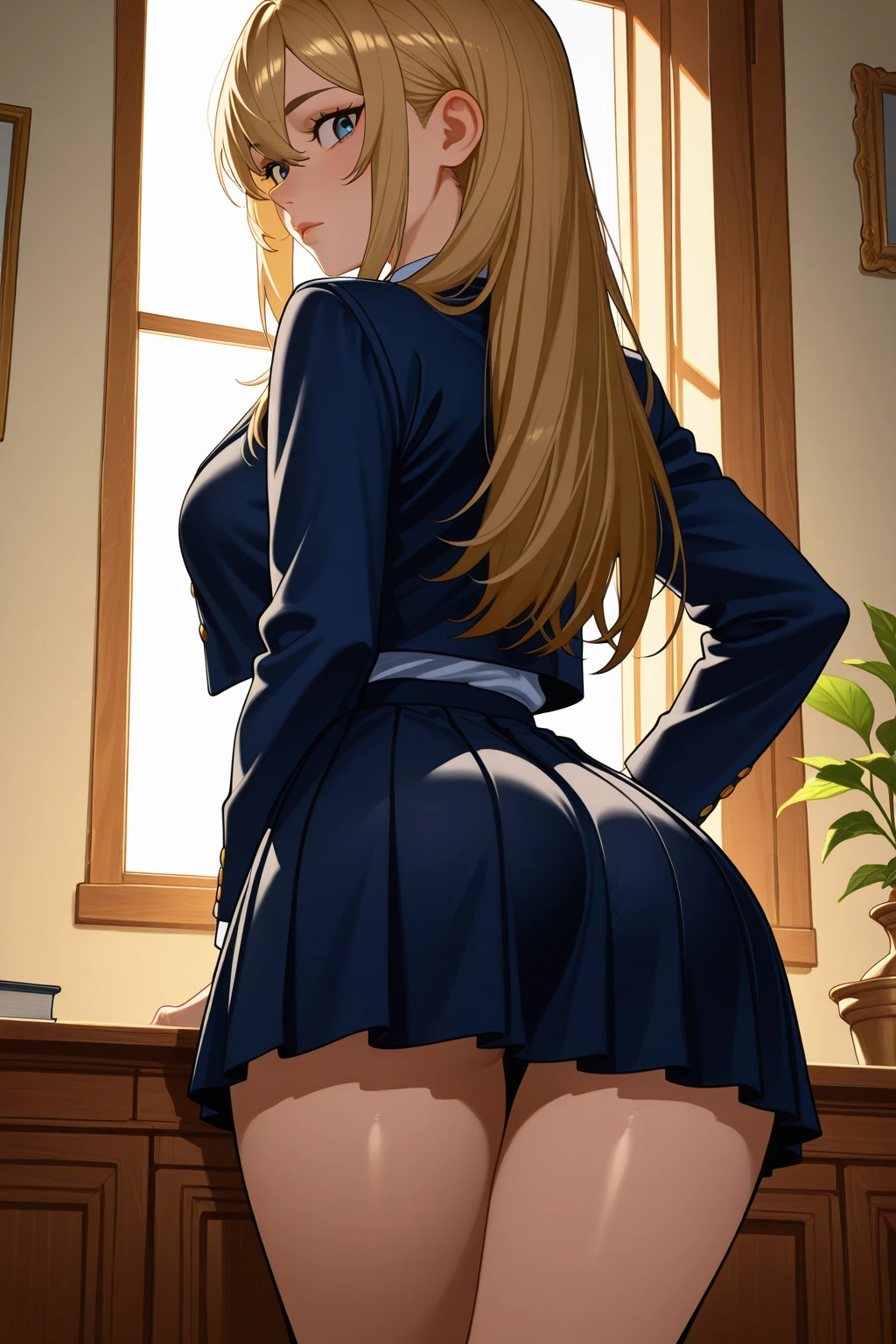 Highest quality, Official Art, masterpiece, Fabric Shading, High resolution, Very detailed, colorful, Best details, Fantasy,school uniform, 1 female, Age 25,Leila Malcal:1.9, A room in an inn with a view of the old castle, skinny,Big Ass, Ground Level Shot:1.9,{{{{{all fours:1.9}}}}}, look back,show off random panties:1.9,