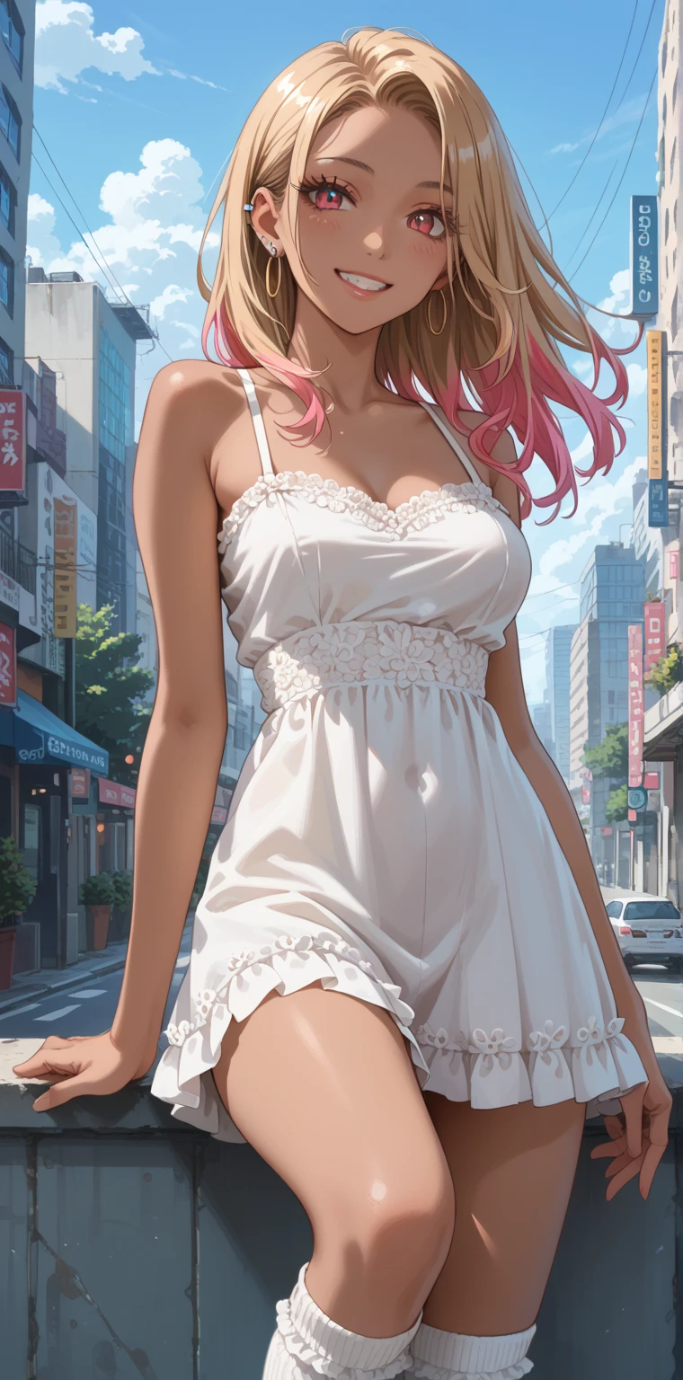 1 girl, tanned_skin, white wavy long hair, large ass, wearing a pink summer dress, full lips, pretty long eyelashes, pretty eyebrows, soft looking skin, wearing one black velvet choker around her neck, night, neon light, masterpiece, wearing diamond earrings, showing her ass at the camera, ((blue eyes))