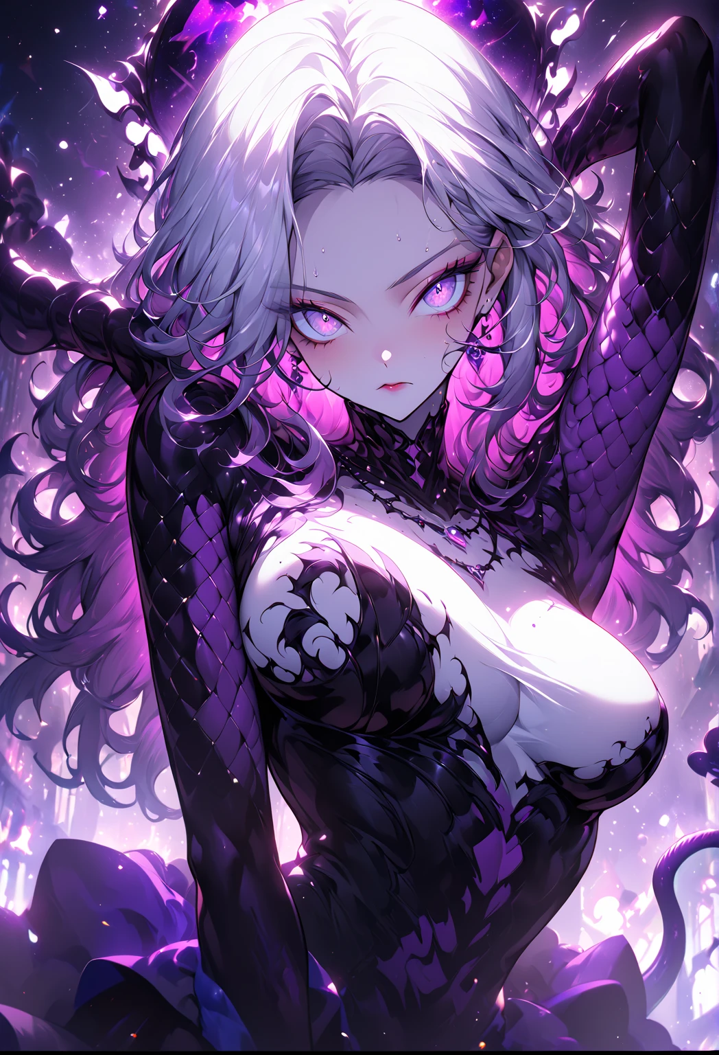 ((ultra quality)), ((masterpiece)), ((sensual)), ((Angelic beauty woman)), ((long white curly hair)), ((White hair)), ((White hair)), ((curly hair)), (beautiful face), (beautiful female lips), Enchanting ((Seductive facial expression)), looks at the camera with a slight smile, (White skin color), (White skin), glow on the body, ((detailed eyes)), ((Next to a huge black snake)), ((violet eyes)), (juicy female lips), (dark eyeliner), (beautiful female hands), ((thick body)), ideal female body, ((Black and white combat suit)), beautiful waist, beautiful big hips, big breasts, thick thighs, ((threatening and beautiful)) (), ((depth of field)), ((high quality clear image)), (delete details), ((High detail)), ((clear focus))