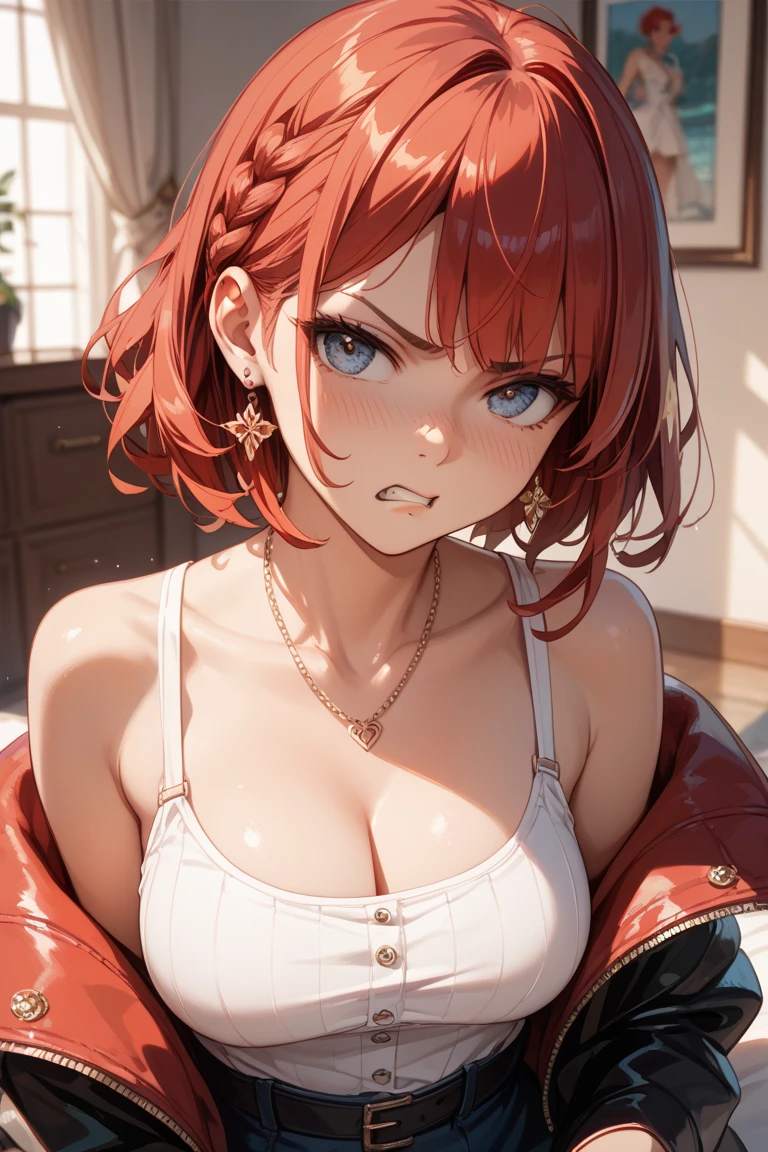 masterpiece, ,(solo:1.1), perfect face, (bright lighting:1.2),beautiful detailed eyes, extremely detailed face, perfect lighting,masterpiece, best quality, ((mature female)), ((large breasts)), 30yo female, 1girl, , hetero, 1boy, , oral, solo focus, pov, red lips, blazers, pout lips, puker lips, kiss, blow kiss