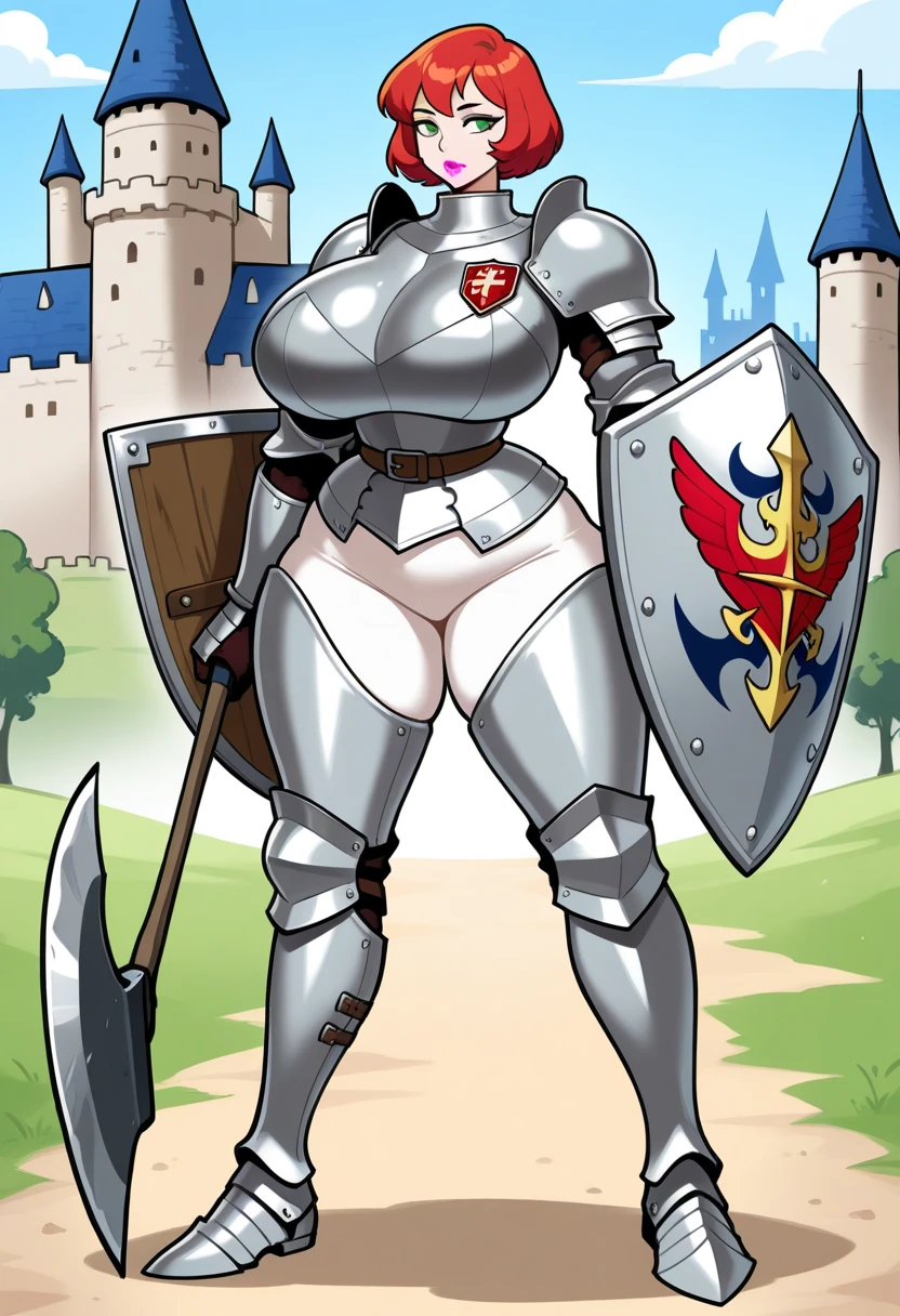 kardia, 1girl, solo, standing, armor, helmet, faceless, knight, visor \(armor\), plume, heart, breastplate, castle, medieval, thigh strap, standing, ((spear, holding spear)), hand on hip, ((hip armor, chainmail, tabard)), facing viewer, looking at viewer, nude, breasts exposed, pussy, large breasts, tight pussy, round ass