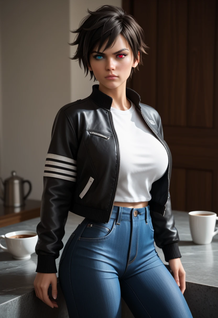 1girl,tomboy,lois lane,jacket,big breasts,shorts,(masterpiece,mature,detailed, high quality),naughty,smirk, white T-shirt, shorts, cowboy shot, tan skin