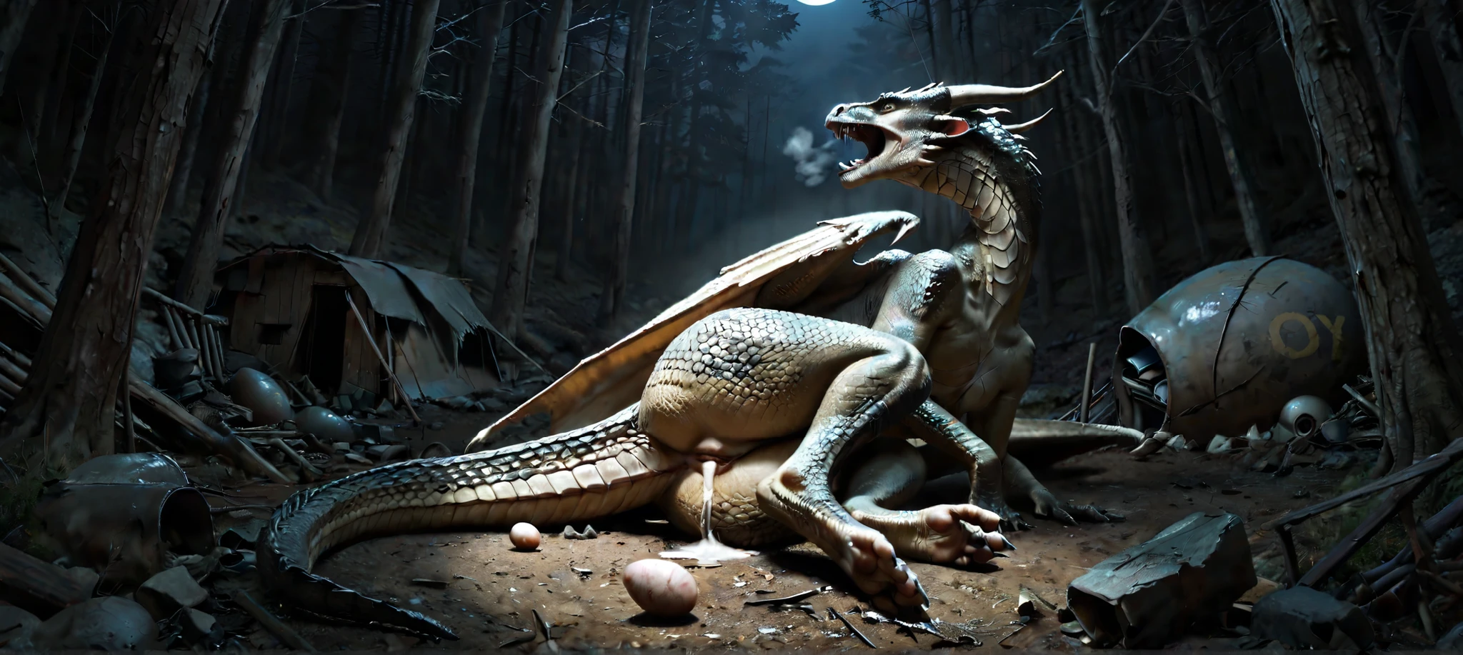 Pov:1.3, point of view, pov view, view from top:1.3, in frame, view from ground, low angle, fetal position, sitting, lean on ruins, human head, lips, nose, human skin, own long body, human long neck, own legs, human feet, wings:1.3, transformation, human morfing into dragon:1.3, feral dragon, tail, claws, paws, [scales: human skin:0.7], human skin: 1.2, gradual scales, ultra realistic scales, shining, spotlight, tattered, torn underwear, tattered pants, scraps around, in pain, screaming, panic, hard breathing, shaking, wound, eggs from pussy:1.3, big egg,, ah, oh, oyy, sperm, scars, scratched, nsfw, forest, night, lonely trail, abandoned camp, abandoned hut, cave, trash, Realistic, 4k, 8k, RAW, HDR, UHD, high resolution, hd, full colour, 4k, high definition, sharp focus, smooth, Professional, cinematic, extreme detail, description, masterpiece, best quality