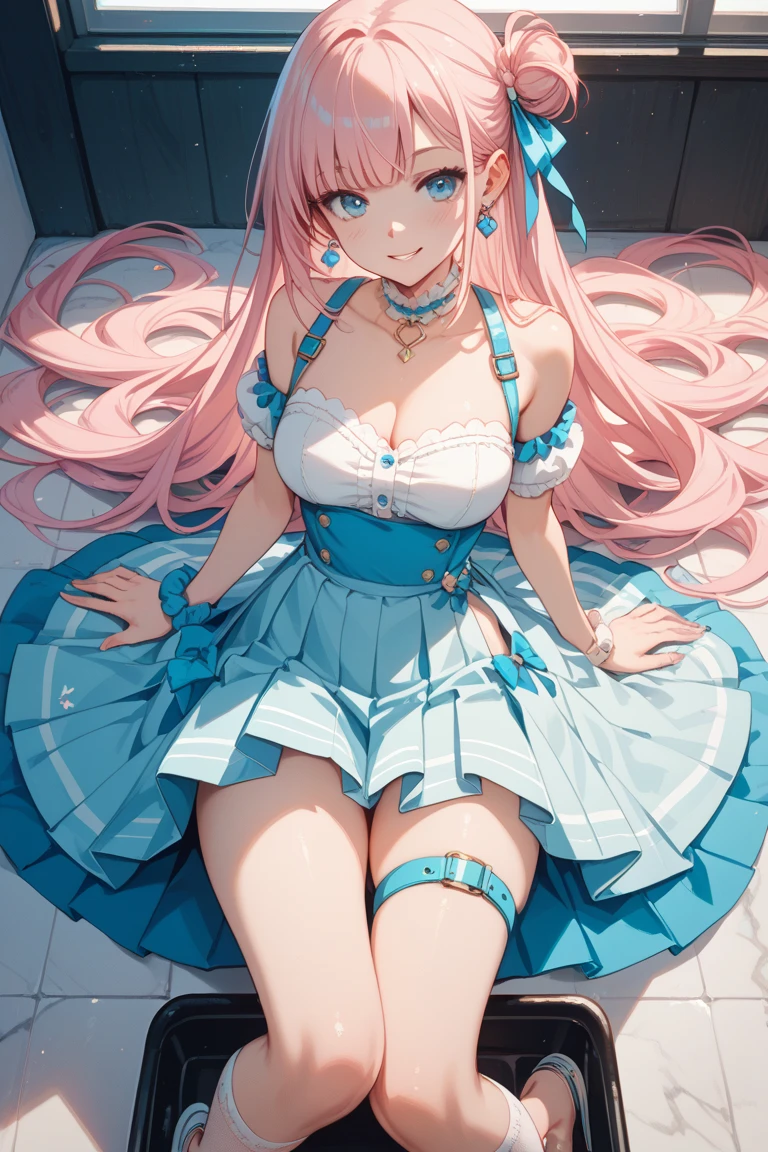 Browsing Caution, (最high quality, 4K, High resolution, masterpiece:1.2), Very detailedな, (Anime Style, Realistic:1.37), Cinematic Light, , (((young woman))), (Round eyes), (Small face), (Skin with attention to detail: 1.2), clavicle, Cute Face, Beautiful appearance, Long eyelashes, (Rainbow Hair, Blue eyes), (Beautiful breasts:1.5), (Slim figure:1.5), Highly detailed face and skin texture, Beautiful Eyes, Natural Makeup, Colorful costumes, Gorgeous maid outfit, Captivating woman, Please sit down and hold your knees, Lift up the skirt, Enjoying the act, A glimpse of sexy lingerie, Gazing Eyes, Beautiful Skin, Glowing Skin, Perfect Fingers, Five Fingers, Anatomically correct, Background blur, high quality, surreal, Bright colors, ((Very detailed, photo shoot)),