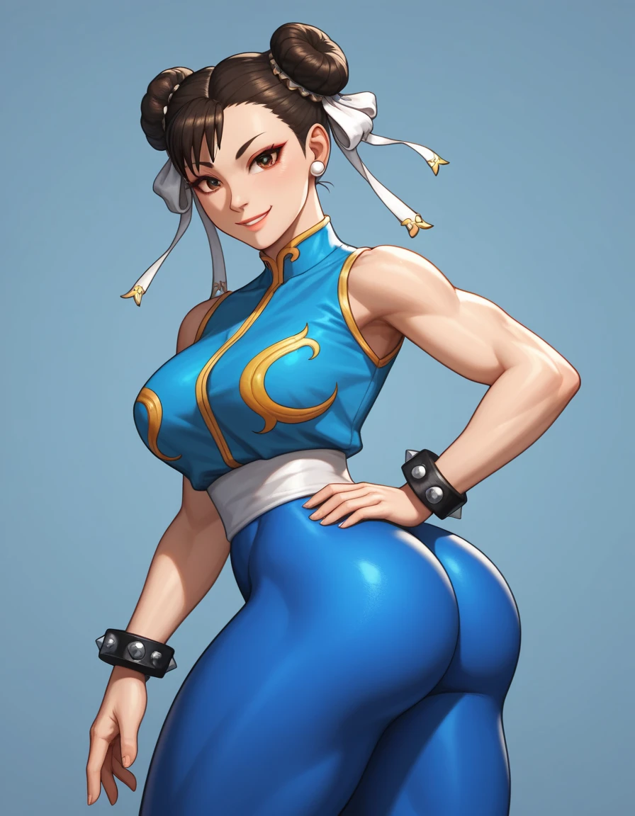 ((Chun li)), ((big ass)), Wearing pink outfit with gold details, in the park enjoying the view, blue eyes, smiling while showing off her ass