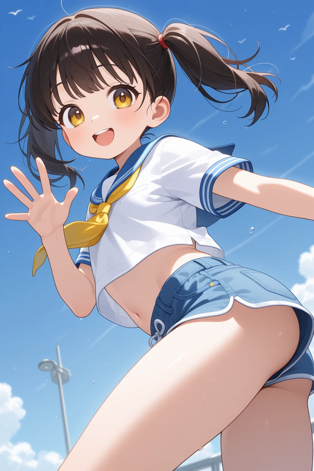 ((2D Beautiful Girl:1.5、top-quality:1.5、perfect fingers:1.1、perfect anatomia:1.1、Perfect outfit、Beautiful illustration))、cute petit girl、(transform sequence)、((cute decorative headband、A cute white and blue cheerleader-style leotard))、10yaers old、Solio、hime、Fractal Art、baby-face、((stright long hair))、Beautiful big drooping eyes、a smile、(full-shot)、((1人))、Schoolyard with blue sky in the background、A dark-haired、Standing facing the front