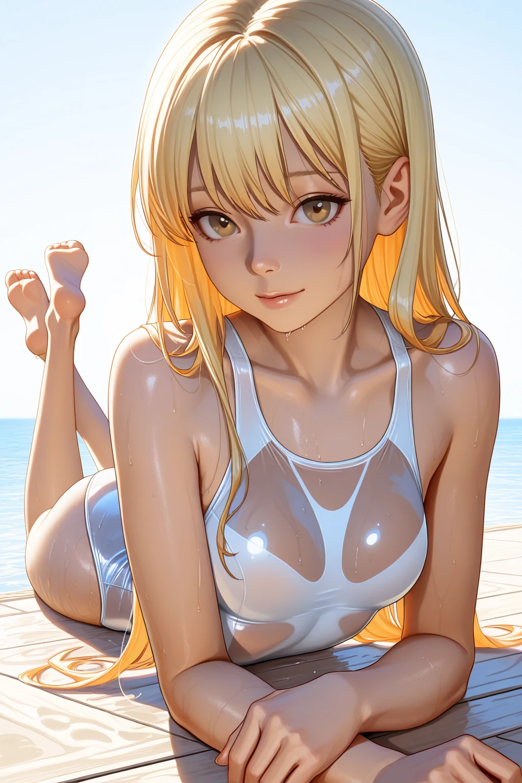 (highest quality)), ((masterpiece)), (family friendly), Perfect Face,Shiny skin,Beautiful breasts,Shiny skin、Kyoto Animation style painting、Hair、Golden Eyes、Sunburned skin、night、Braided Hair、Lying on your back、Leg spread、((Sweat))、(((Wet)))、(((Belly button)))
、Off the shoulder、Fishnet tights、(((Sweat)))、(((White leotard)))、(((See-through)))、(((Leg spread)))、(((Lift your legs)))、(((Spread your legs)))