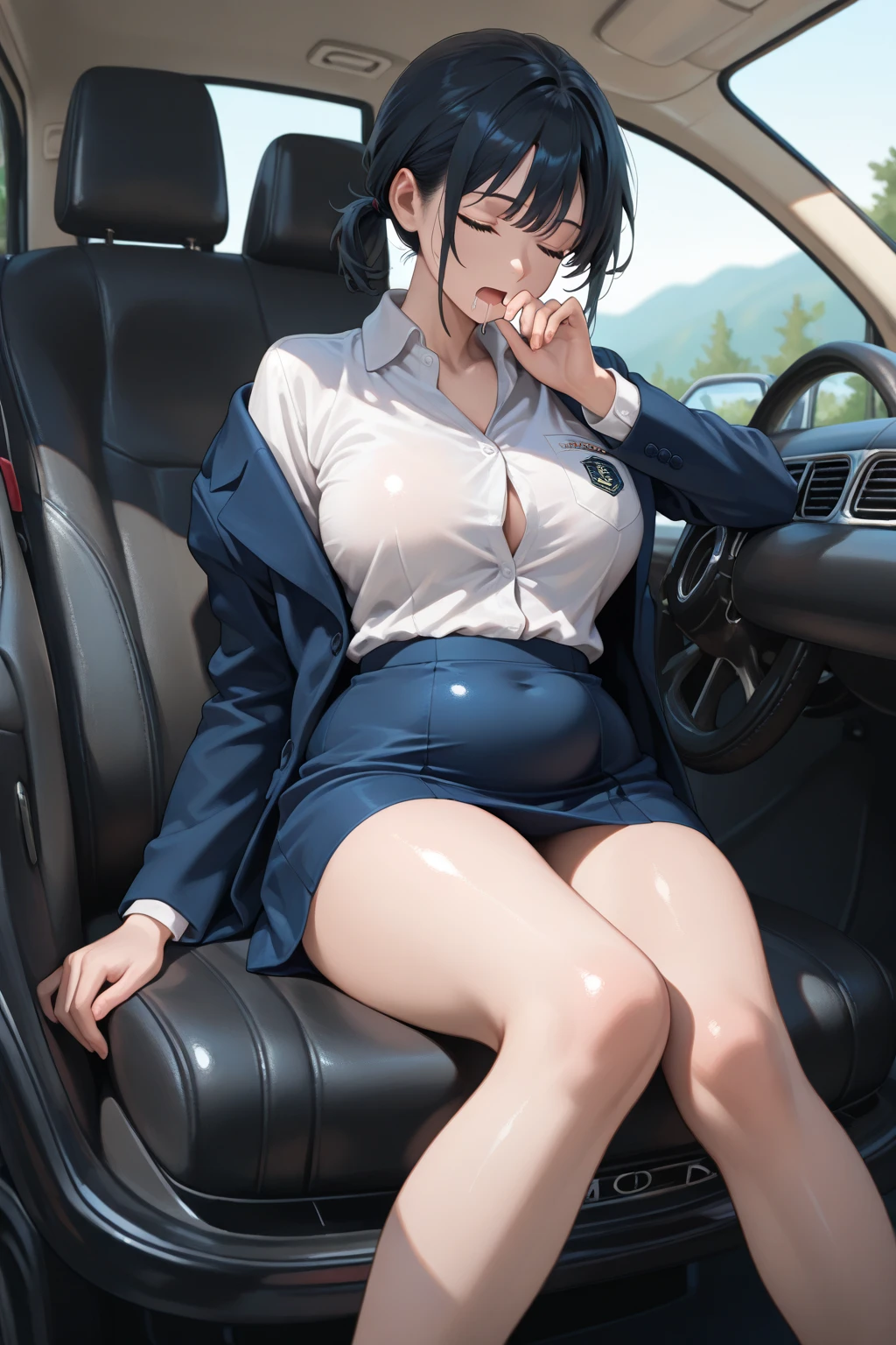 1yukina, sleeping beauty lying on her back, wet skin and hair, big tits, black hair and brown eyes, (white shirt, bare lower body, torn shirt, torn middle chest, panties, covered shirt Live ass), perfect body, open (perfect body) sexual, (), (nsfw),(fat pussy),(fetal position),(leather car seat),(girl lying on the seat of a car), (luxurious car interior)