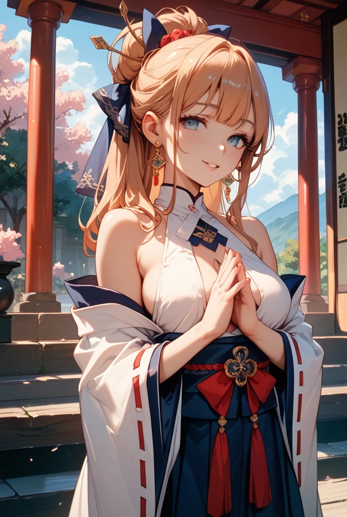 (((Masterpiece))), (((Highest quality))), ((Ultra-detailed)), ((Super fine illustration)), ((Ultra-fine painting)), (16K highest quality wallpaper:1.4), (Upper body:1.6), HDR, (Highly detailed and delicate illustration style:1.8), Detailed skin texture, Detailed cloth texture, Extreme detailed description, (T-masterpiece), (Highly detailed face:1.2), (Highly detailed fox ears:1.2), (Highly detailed shiny golden brown half updo:1.2), (Highly detailed clear blue eyes:1.2), Original, RAW photo, Professional, Intricate details, Super details, Direct light:1.6, (Perfect anatomy:1.4), (Highly detailed hands:1.2), (Highly detailed fingers:1.2), (Highly detailed fingertips:1.2), (27-years-old), Real, (Solo:1.8), ((A very beautiful and attractive fox fashion model with golden brown half updo and blue eyes wearing a bright red furisode with a floral pattern:1.4)) BRAKE (Beautiful and adorable fox ears:1.6), (Highly detailed and delicate fox ears:1.4), (Beautiful and well-shaped big breasts:1.2), (Beautiful and well-shaped buttocks), (Beautiful and shiny golden brown half updo:1.4), (Highly detailed and delicate golden brown half updo:1.2), (Beautiful clear blue eyes that shine with great detail:1.6), (Highly detailed and delicate blue eyes:1.2), (Highly detailed face:1.4), (Smile:1.5), (Blush:1.4), (Looking at viewer:1.4), (Celebration:1.4) BRAKE (Bright red furisode with floral pattern:1.4), (Japanese traditional costume:1.2) BRAKE (Concept art:1.2), (Detailed fantasy art:1.2) BRAKE ((Highly detailed and delicate Ise Grand Shrine in Mie Prefecture in the background just after noon in spring:1.6), (Celebration:1.4), Torii gate of Ise Shrine:1.4, Very beautiful in the sunny sky background just after noon:1.4) BRAKE