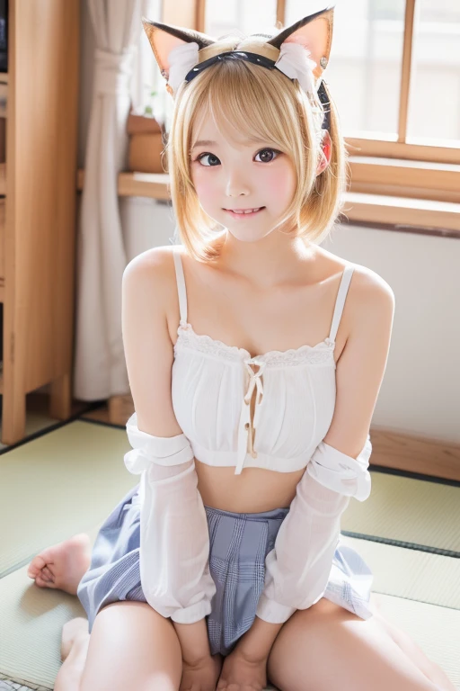 (A very cute 20 year old young woman from Japan),  ((bright blonde delicate hair)), ((messy side wave short hair)),(((Slender and slender body type)))，medium bust size､small breasts､ (((Clean hands)))，(curly hair)，(((very kind smile))), (((she wears random colored panties)))，(((she is wearing a random colored bra))) ((top quality, 16K, table top: 1.3)), light shines on your face, highly detailed face, highly detailed lips, fine eyes,