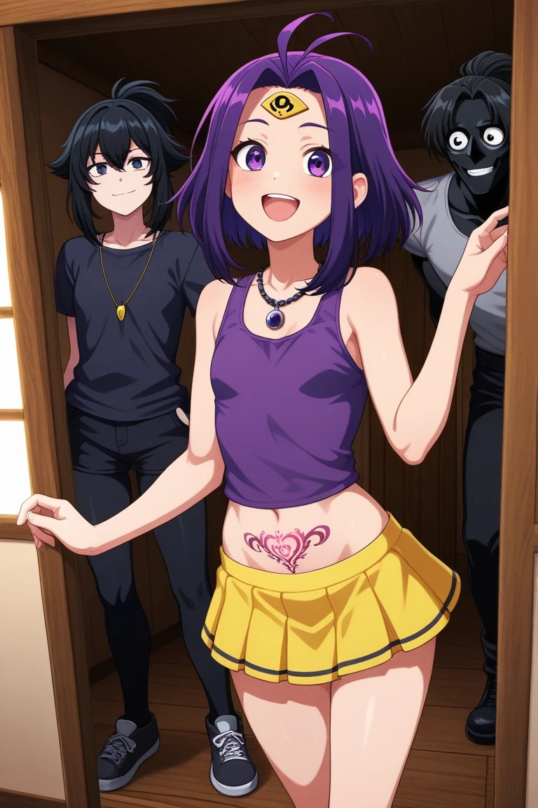 1 Anime boy, flat chest, big hips, high quality image, bulge, femboy, otokonoko, brown short hair, bangs, blue eyes, 1 Anime girl, short black hair, glasses, tsundere