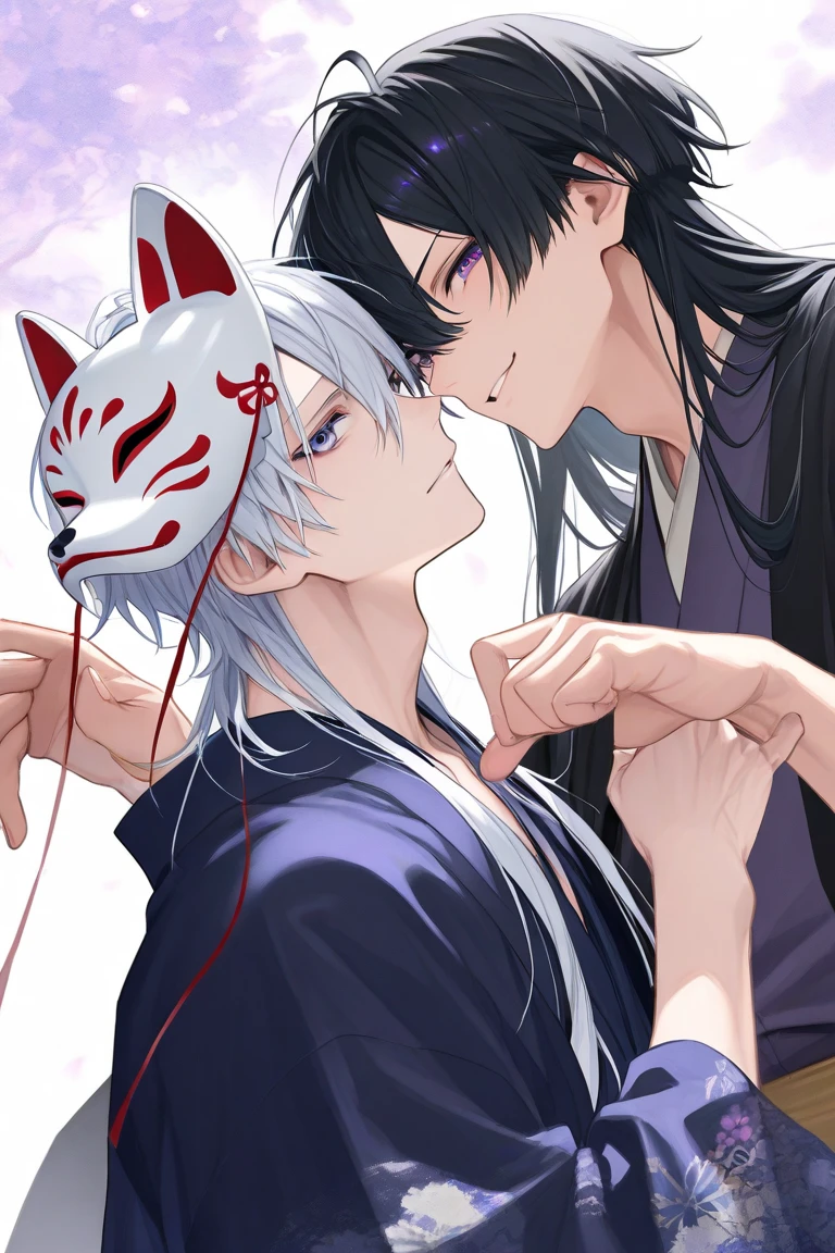 create panel in the art style of mo dao zu shi hybrid character with wolf ears,masculine and dominant gender, short wolfcut white hair , purple raven iris eyes,pale skin, inside a large public bathtub, sexy expression and slim defined body.