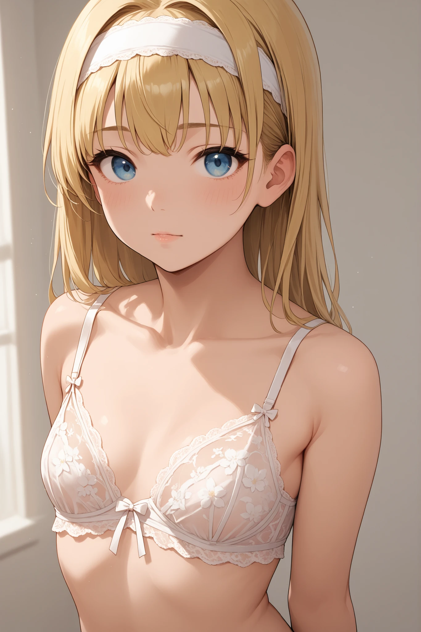 (Real: 1.4), (Masterpiece, Sidelights, Fine Beautiful Eyes: 1.2), Masterpiece*Portrait、、、、, Realistic, 3D Face, Glistening Eyes, Glossy Hair, Skin Falling Out, Solo、、、、, Embarrassing, (Epigastric), White Underwear, Blonde Hair, (Princess)