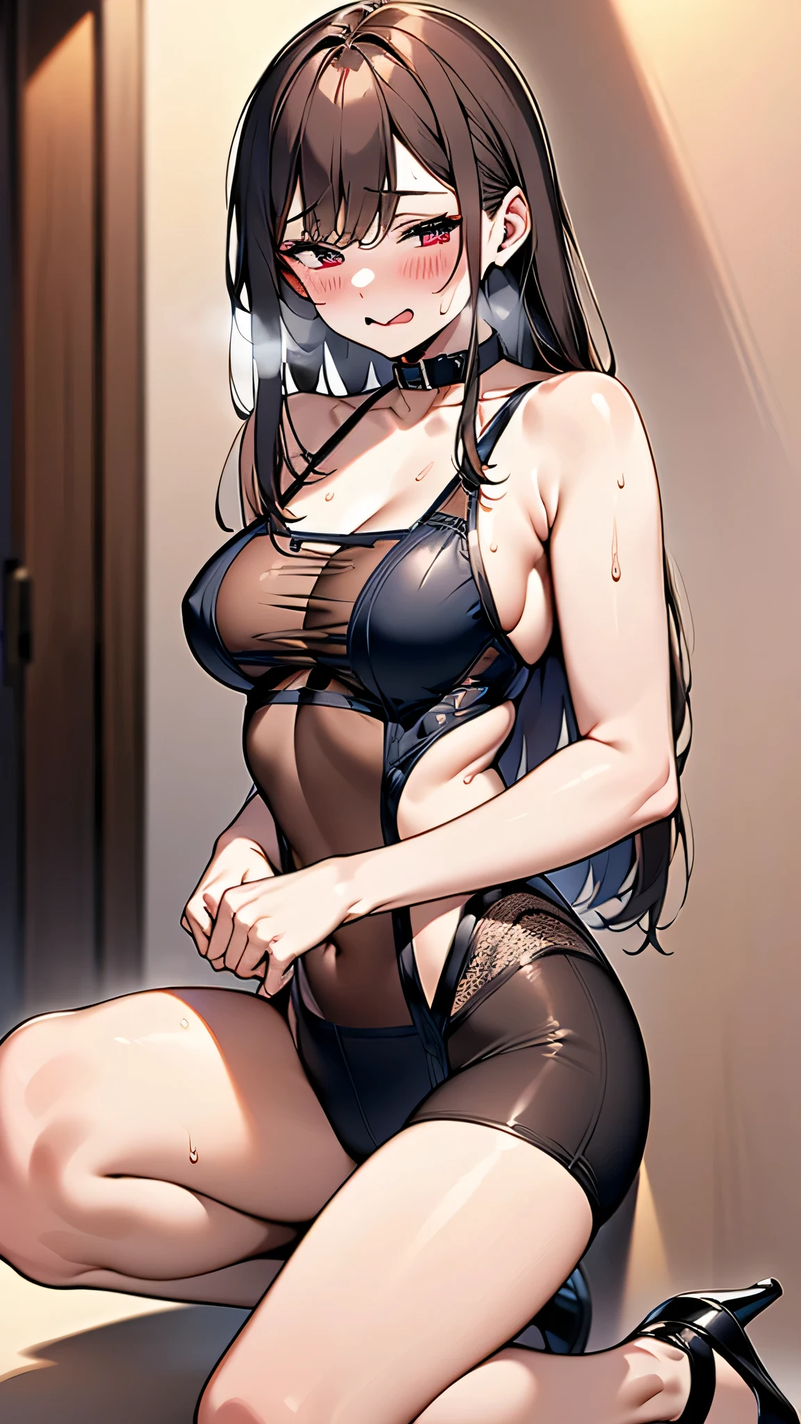 (1080P), (correct), (解剖学的にcorrectな),(high resolution), (High Quality), (high resolution), (masterpiece), (MESH FILM), (Super Detailed), (Oily skin), high heels,wall,wallに寄りかかる,night,Outdoors,crowd,Neon Street,Red Light District,sweat,peeing,((restraint)),collar,handcuffs,Leggings,Lock,open your mouth,Stick out your tongue