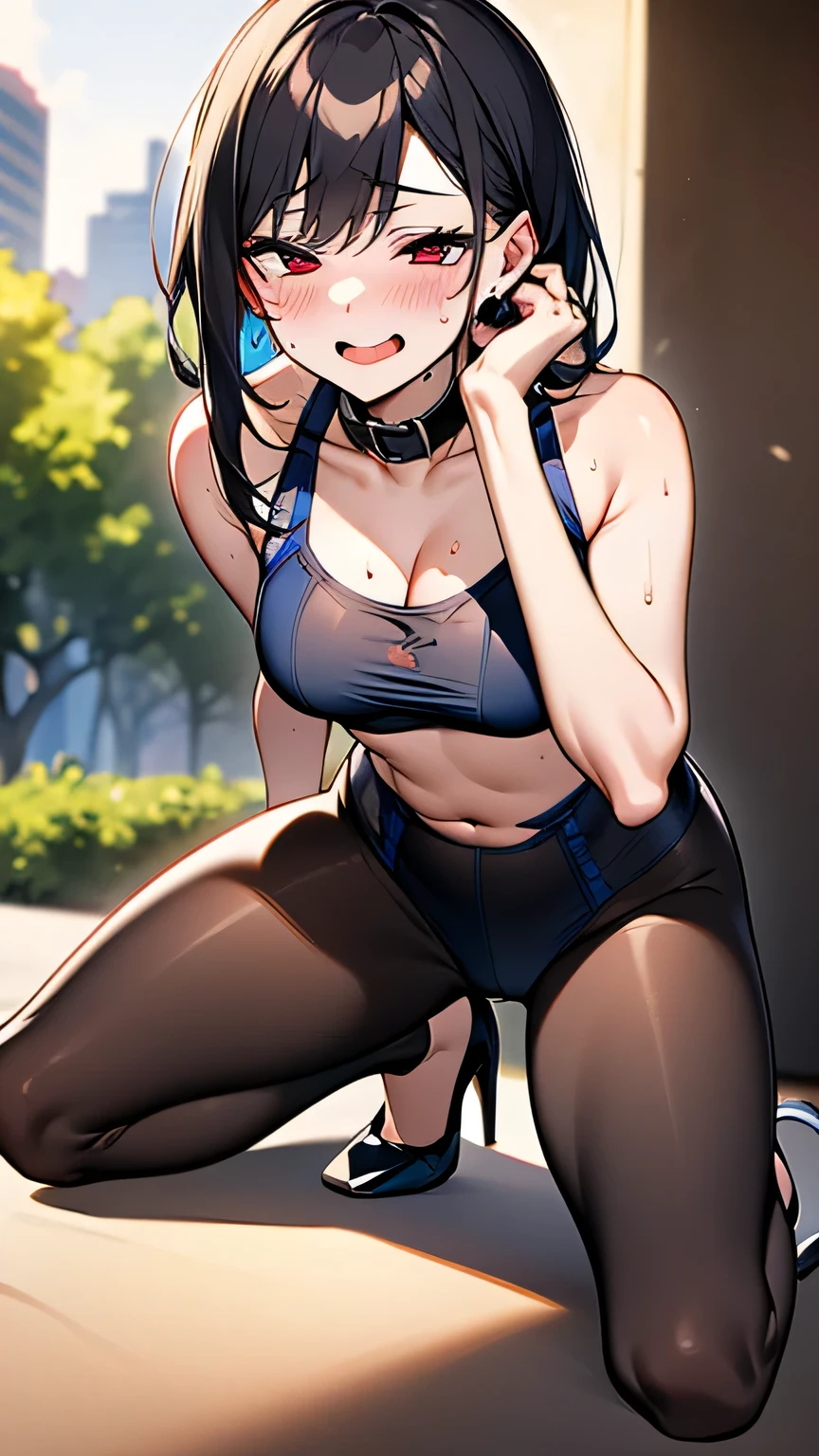 best quality, masterpiece, by dashravo, male, anthro, feminine male, girly male, femboy, Gardevoir, black lipstick, black hair, black eyeliner, black crop top, black thigh high socks, red roller blades, full body image, arms above head, mid athletic, sweaty, view from front, outside, suburban neighborhood street, black denim short shorts, zettai ryouiki