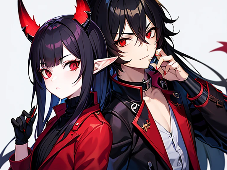 High quality, nice,(Anime style) nice cup,(two people) Cute girl with short and purple hair, purple eyes, female with a sculpted body, cute face, short dress..... A boy with red skin and white hair, a demon with small black horns, orange eyes, a sharp face, and the black clothes of a motorcyclist.... Anime Couple, Anime style, high resolution