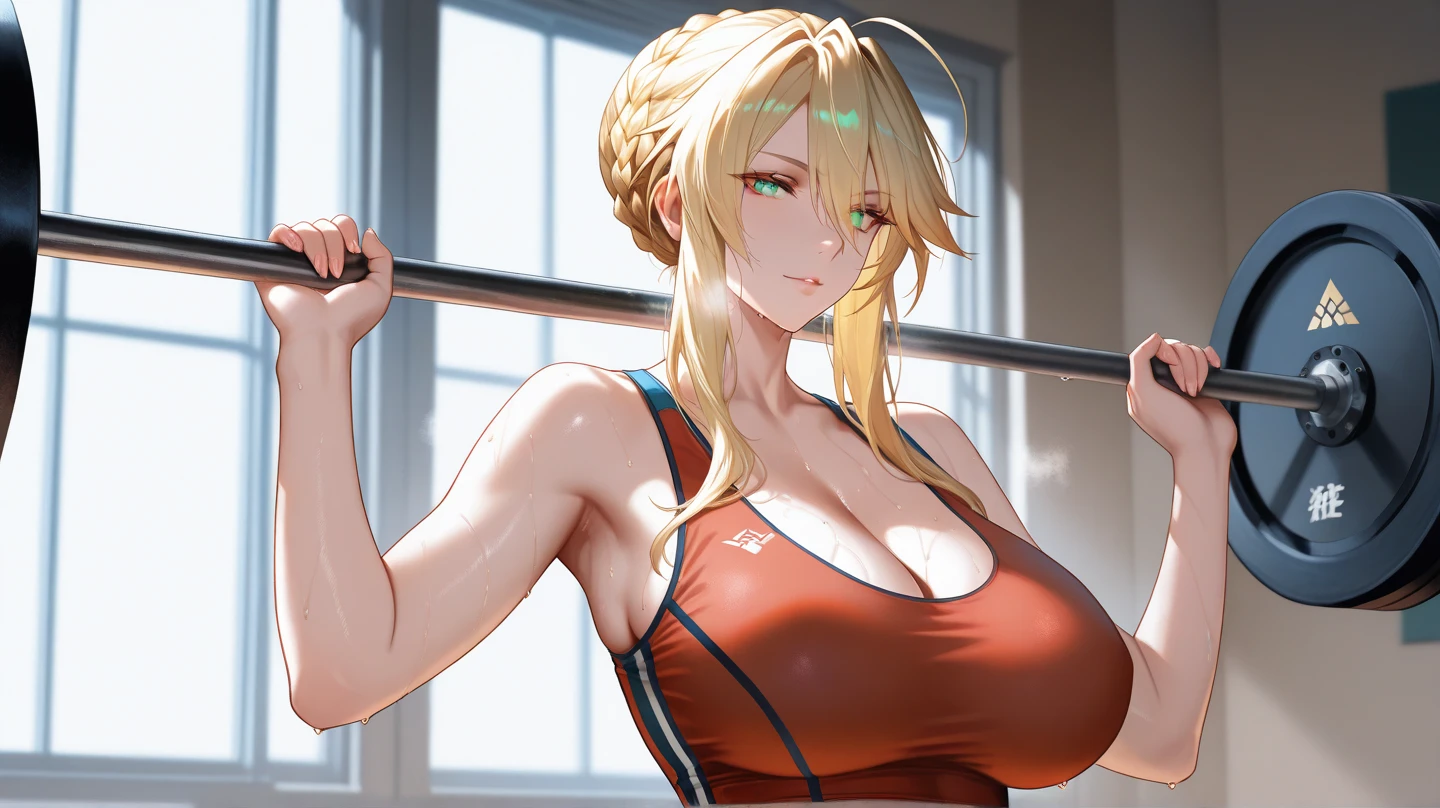 Seductive and sweaty blonde milf leaning over with a perverted face wearing a gym outfit and pressing breasts together. Masterpiece, Best Quality, Detail, High Details, Quality, Super Detailed, Accurate, High Resolution, 