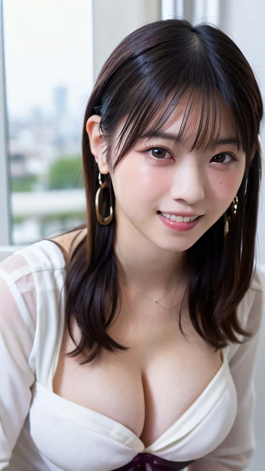 Masterpiece、highest quality、8K,Ultra-high resolution、RAW Photos、UHD、日本people、beautiful girl、1people、woman, (Flower Hair Ornaments,Braided top knot,Twisted Side Part Ponytail Braided Headband,Half Up、Braided Space Van,Voluminous fishtail braid,Twisted pan),(Asymmetrical bangs)、 (Ultra Realistic),round face、 Fine and beautiful eyes, Lifted eyes、Big eyes、double eyelid、Thin eyebrows、Red around the eyes、Dolly Makeup、Thin lips, (Loose-fitting see-through blouse(beige color))、(Knitted micro mini skirt(Navy Blue)), A kind smile, Professional photography, Cinematic Light, (Very beautiful face: 1.2),(Large Breasts:1.4)、Cleavage、Voluptuous thighs、Pictured from head to knee
