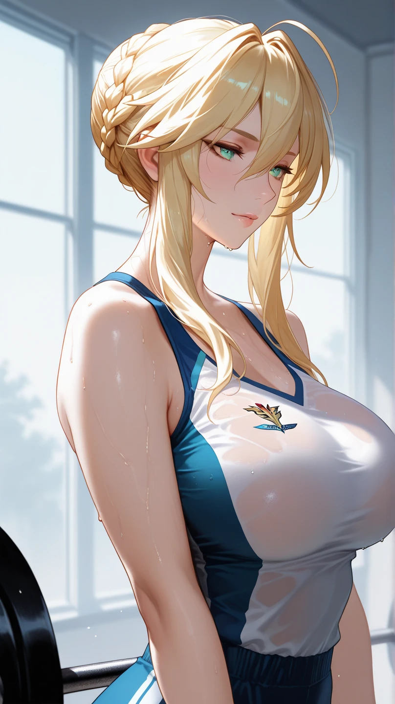 realistic, 1girl, ponytail, parted lips, blush, makeup, light smile, white hair, sportswear, skirt, wet clothes, glow, thighs, purple eye, bare shoulders, collarbone, narrow waist, sunbeam, sunlight, rose, wind, cleavage, (masterpiece), sweat,big breasts, butterfly earrings 