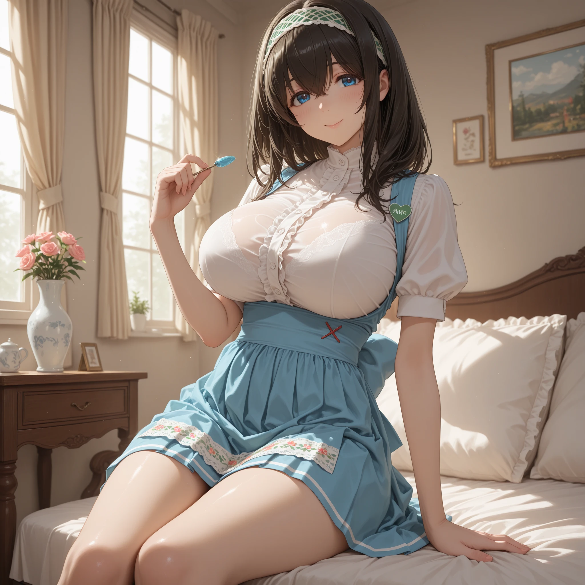 ((highest quality)), ((masterpiece)), (be familiar with), A beautiful girl with a perfect face is wearing a maid outfit and has an embarrassing expression。She is also naked, her breasts are exposed and her pussy is visible.。