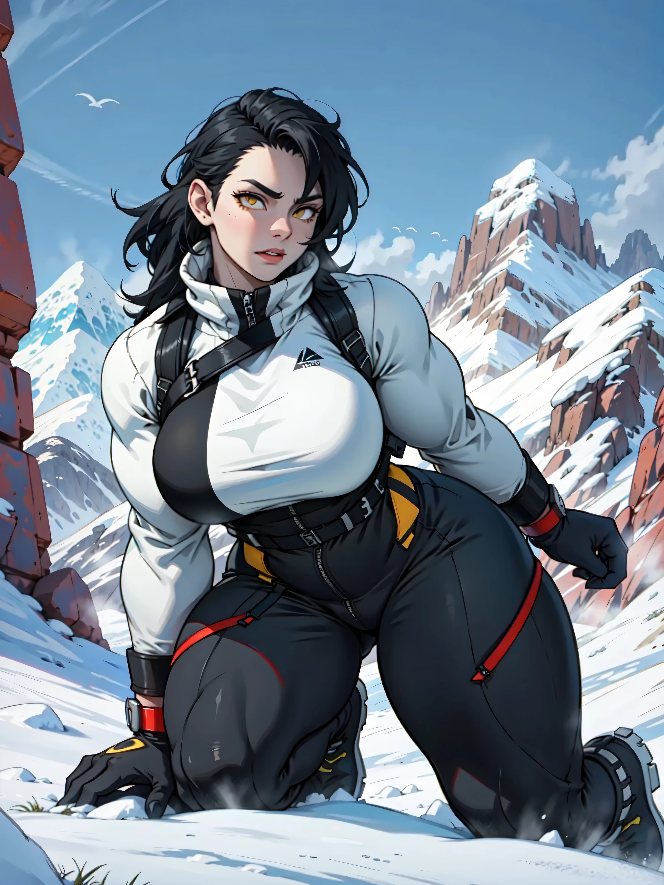1 girl muscular pale skin black hair yellow eyes black bodysuit snow mountain thick huge breasts sad black bodysuit black bodysuit black bodysuit muscular muscular thick thick black black black black black black black black thick thick thick thick