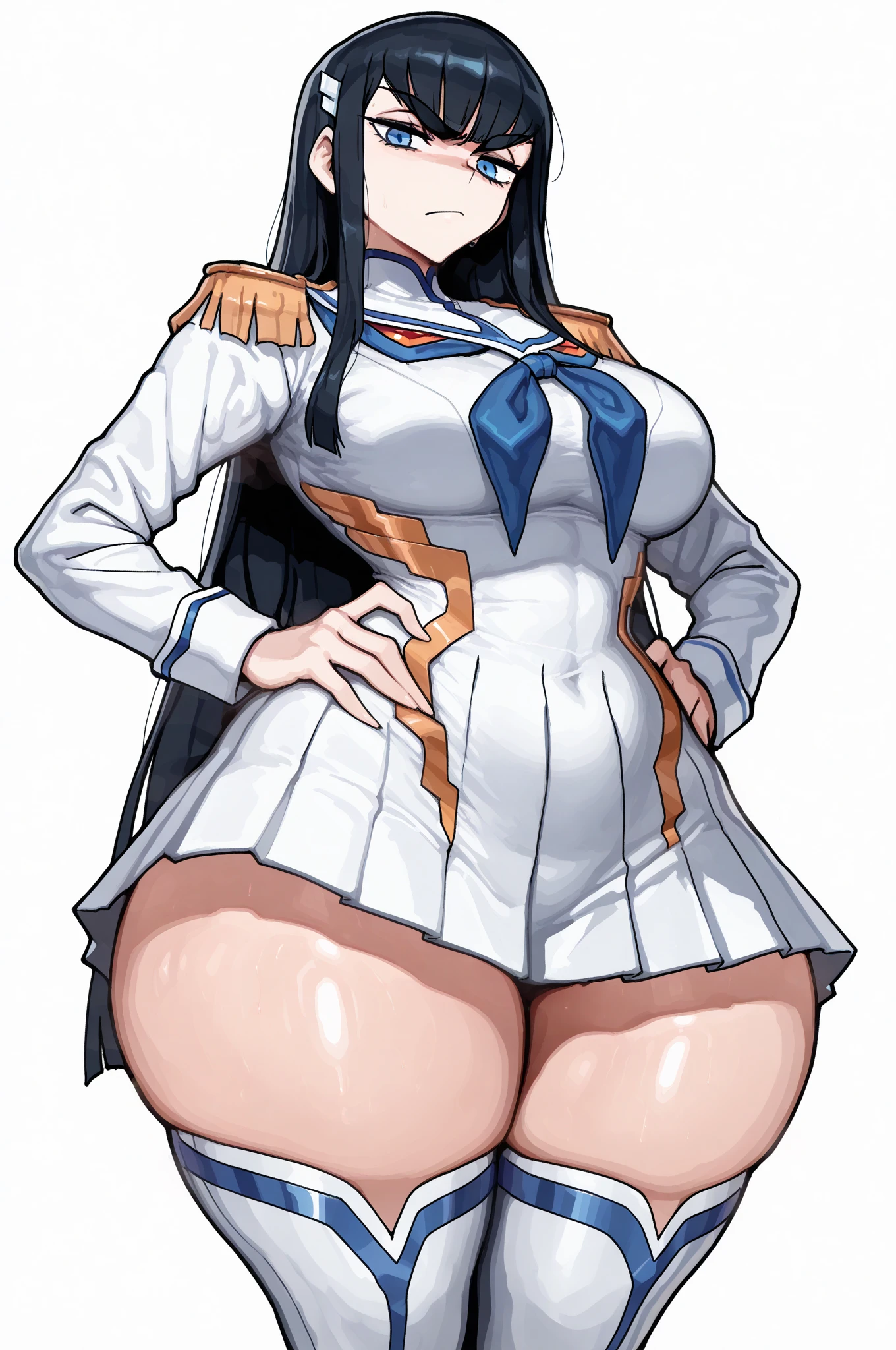 One Girl,Precise five fingers,{Knee-high socks}、(((Wide Hips)))、 (((plump and thick thighs)))、((Big Ass))、(Big Breasts) Embarrassed look,whole body、Long Hair、Sexy pose,Black footwear、Black Hair、blonde、Short skirt、