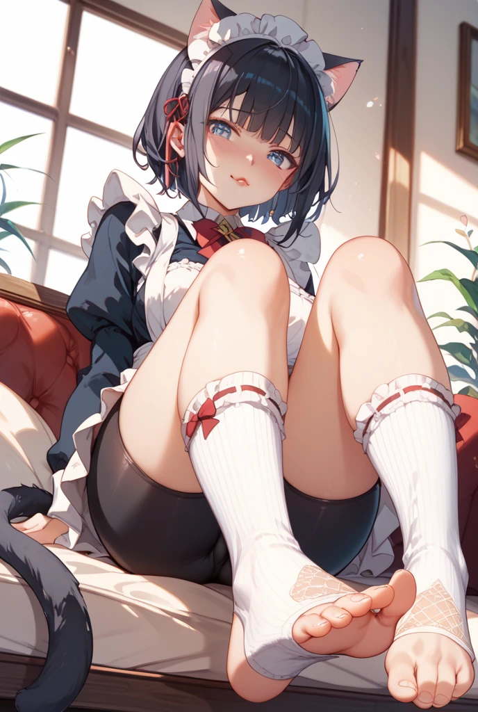 Anime girl with cat ears lying on her back on the floor, she has long dark gray hair with braids, no panties, in a short skirt, raised her legs up, legs in different directions, shows pussy, , disturbance, spreads pussy with hand