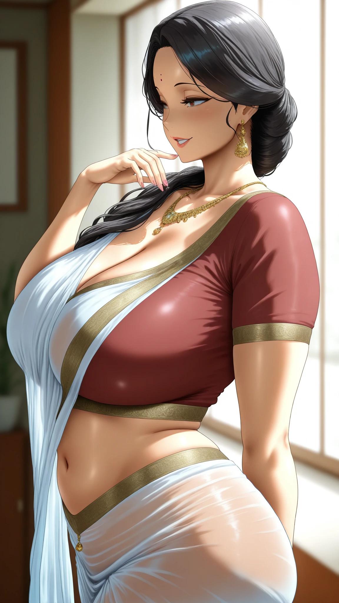 1 chizuru ichinose, (wearing orange saree, autumn background, , anime girl, indian, anime style, cleavage, standing, seductive expression), solo, hinata hyuga, dreamy eyes, seductive, sexy, hot, looking at viewer, masterpiece, ultra realistic, cleavage, NSFW, ultra high resolution, photorealistic:1.3, wallpaper, realistic, 8k, UHD, Extremely detailed, top quality, ultra detailed, absurdres