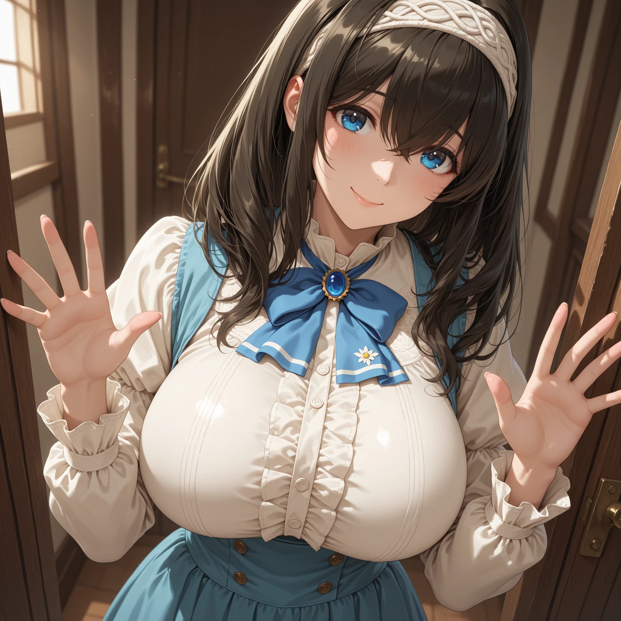 (masutepiece:1.3), (absurderes:1.3), (Best Quality:1.3), hand of Guido Daniele, (Ultra-detailed:1.3),(Best Shadow:0.7), (Handle Hair), 1girl in, Solo, SH1, Shizuku Sakurazaka、from below looking up、Large breasts, cleavage, Red-brown hair、asymmetrical bangs, poneyTail、Red ribbons、 Eye color is light blue、Kamimei、Look up here、Hair Ornament, Universal smile、Open mouth, ( Oily skin),(Penguin costume)、sitting on、Lots of cushions、raise arms、big butts、god rays, llight rays,