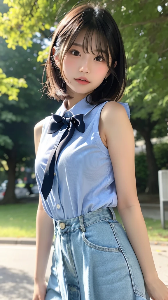(masterpiece:1.2, Highest quality), (Realistic, photoRealistic:1.4),, (Natural Side Lighting, Cinema Lighting), Written boundary depth, Looking at the audience, Front view, 1 Girl, English, high school girl, 20-year-old, Perfect Face, Cute symmetrical face, Shiny skin, Leg spread, (Bob Hair:1.7,blonde), Asymmetrical bangs, Big eyes, Droopy eyes, long eyelashes chest), thin, Beautiful Hair, Beautiful Face, Beautiful and beautiful eyes, Beautiful clavicle, Beautiful body, Beautiful breasts, Beautiful thighs, Beautiful legs, Beautiful fingers, ((High-quality fabric, Brown knitted vest, Short sleeve white collar shirt, Navy Pleated Skirt, Navy bow tie)), (Beautiful views), evening, (Inside the flower shop), Are standing, (smile, Superior, Open your mouth), (((Skirt flip, White panties, Genitals are visible))), Full Body Shot, Dark blue socks, Sexy Face,