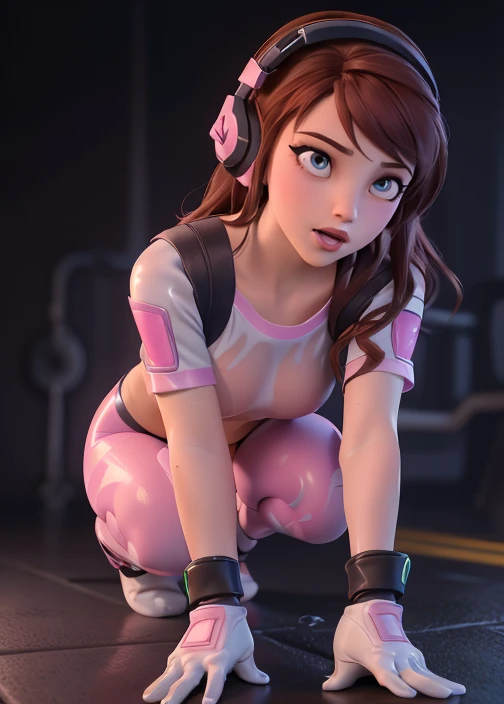 Masterpiece, Best Quality, High Resolution, 1Girl, Ultra High Resolution, Solo D.VA, Headphones, Pink eyes, Brown Hair, White Gloves, Face Decoration, Full Body Shot, Cute, Realistic, Cute Pose, Perfect Body, Cyber Punk background, wet street, Crop Top Hoodie, Latex Short Shorts, nsfw, cum