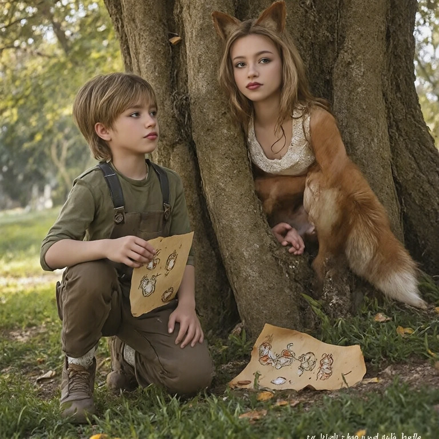 ((best quality)), ((​masterpiece)), (Detailed), An anthropomorphic little wolf boy and an anthropomorphic little fox girl sit hand in hand in a meadow by a lake and watch the sunset.