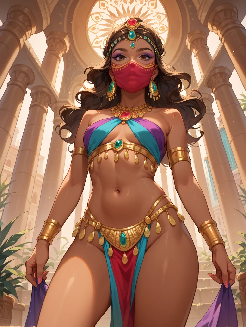 Mia Khalifa, 1girl, portrait of beautiful young lady, sorceress, serious, mature, wearing a veil covering her face, midriff, flawless skin, magical, best quality, masterpiece, intricate, volumetric lighting, film, 8k, film lighting, masterpiece , perfect, tone mapped, realistic,