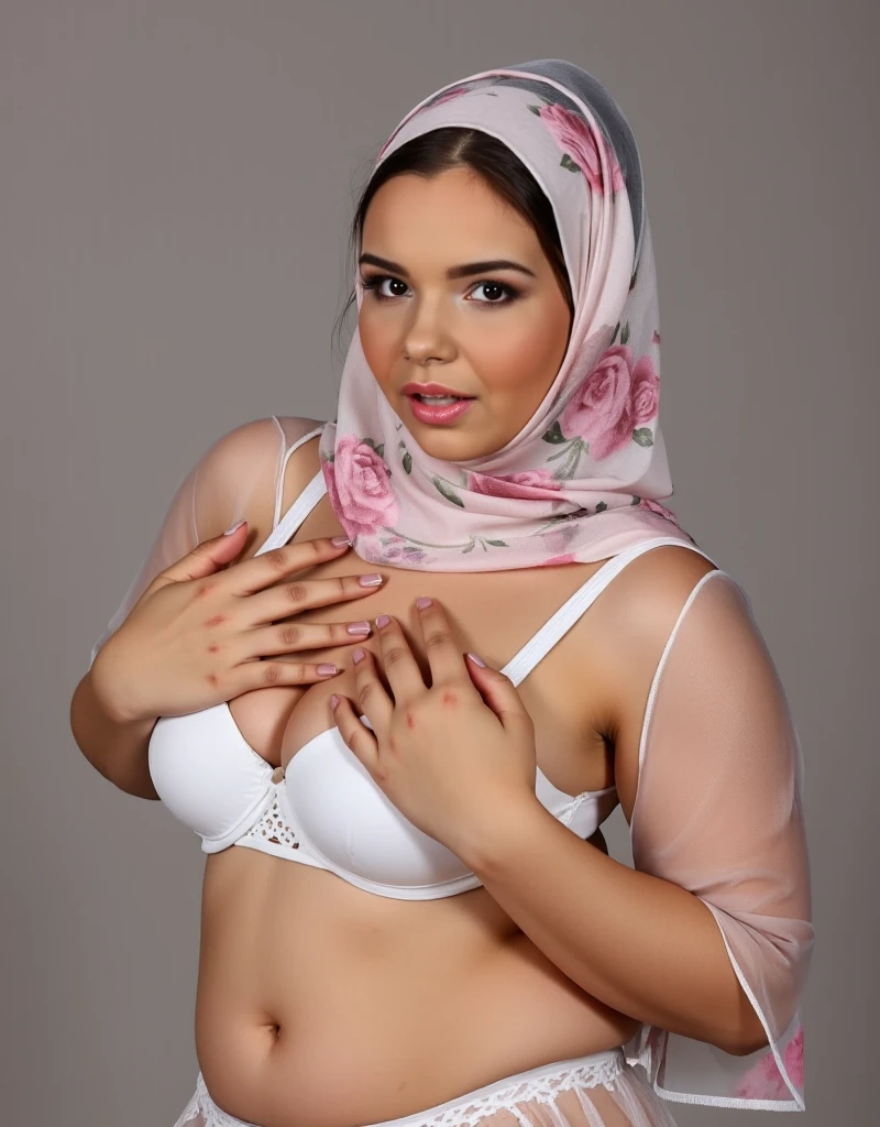 CHUBBY ((Gigantic tits:1.5)), (from behind up) seductive pose, ((Old lady:2.1)), (Happy smile), (((WHITE HIJAB MALAY GIRL))), masutepiece, High quality, UHD 32K, Realistic face, Realistic skin feeling , A Japanese Lady, 58 years old matured lady, (((FLAT CHEST))), (Night time at forest), ((look In front at the camera and SADNESS)), (((WHITE LIPS)), ((Floral Pattern)), ((wearing pastel lace strapless bra)), dark night background , WHITE forest night, horror scary place,