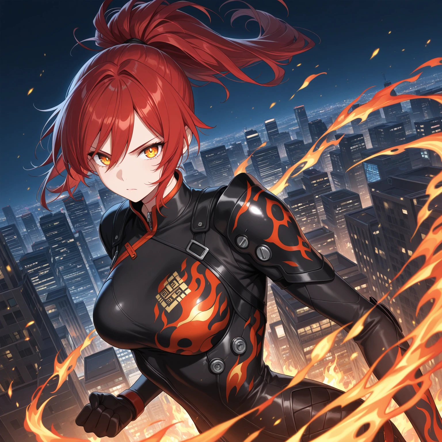 Anime girl with short red hair reaching the nape of the neck and fierce blue eyes., He was so angry that his teeth clenched and his eyes burned., The background is a fire of anger and determination.