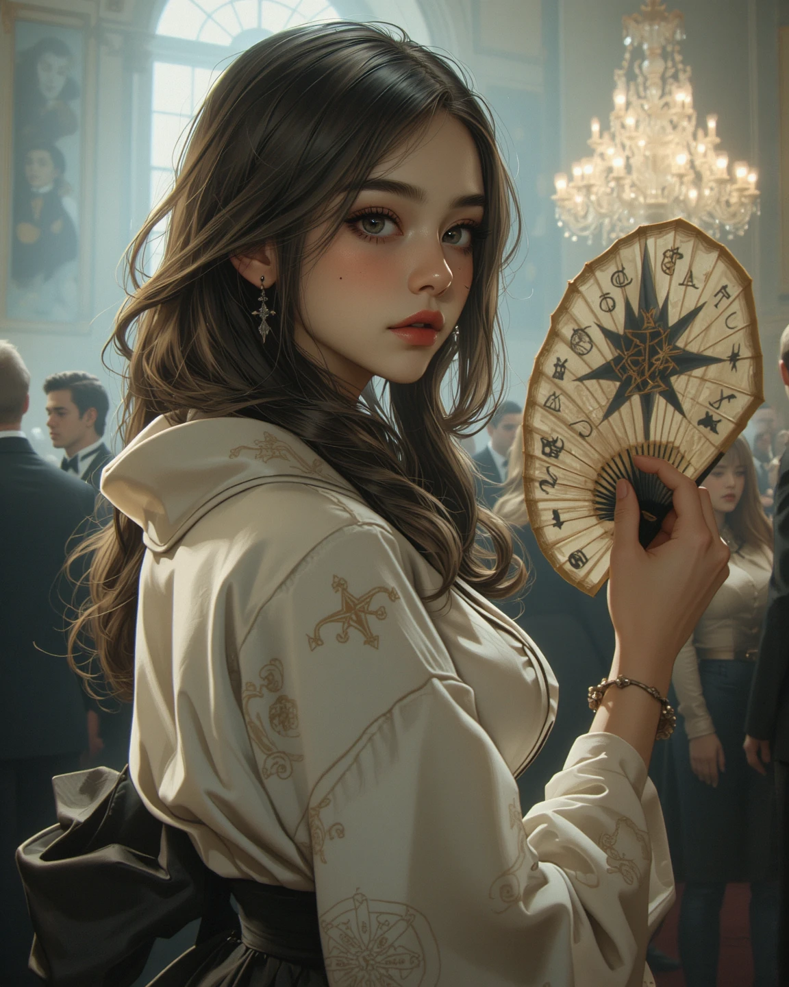 Still life close-up with a pearl-encrusted headdress on the table, blurred court ball scene in the background, cinematic lens effects, high-definition pictures --auto