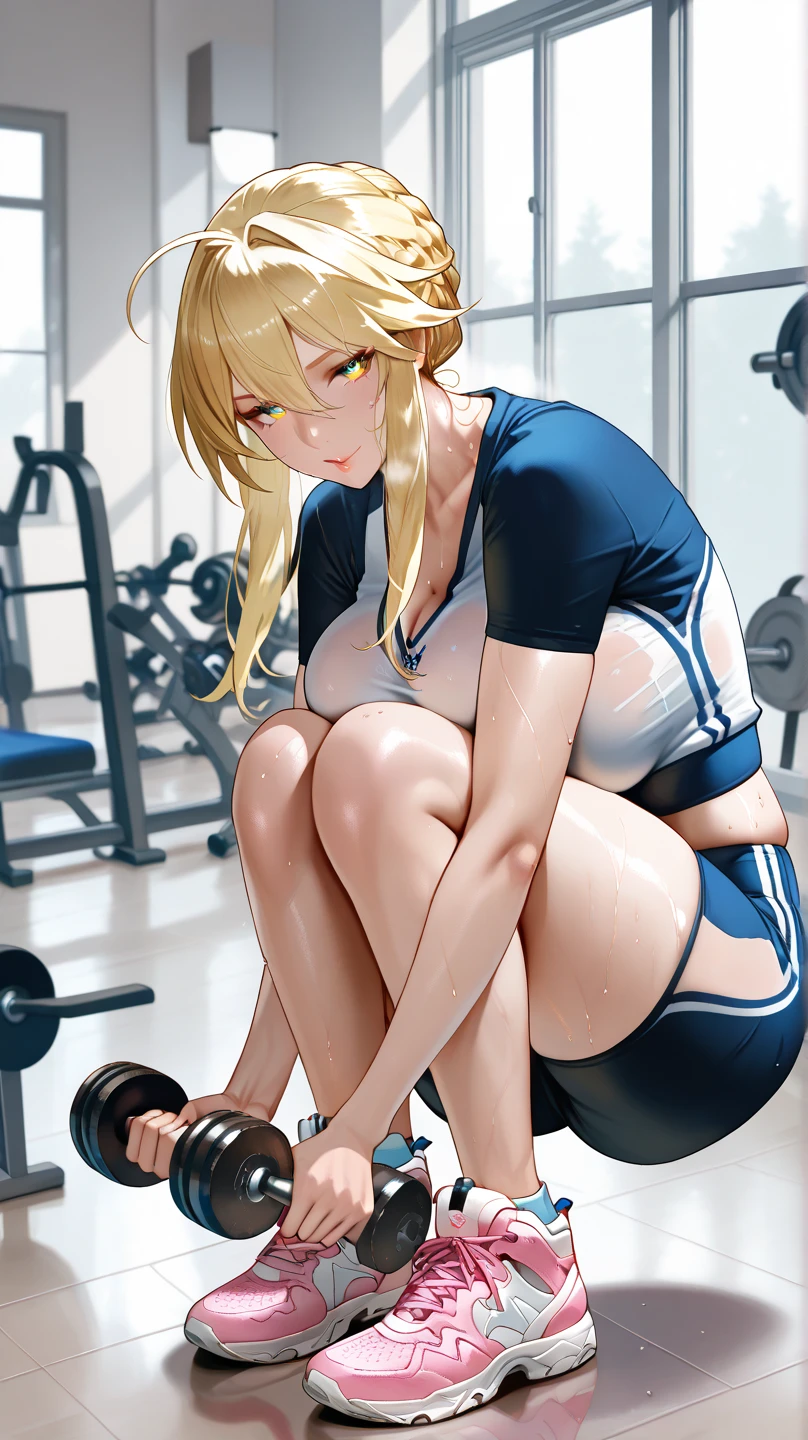 A girl practices yoga in a gym，Exercise on your stomach on a yoga mat，Wear a close-fitting suspender，Half-exposed breasts，Skinny white hip ultra-shorts, skin indentation, Pitiful expression，Turn sideways to the camera, Big breasts Thin waist，Buttock augmentation，Semi-naked buttocks，Vaginal bulge，blonde with blue eyes，Unbeatable masterpiece，Ultra-realistic 4K photos，best qualtiy，Best quality