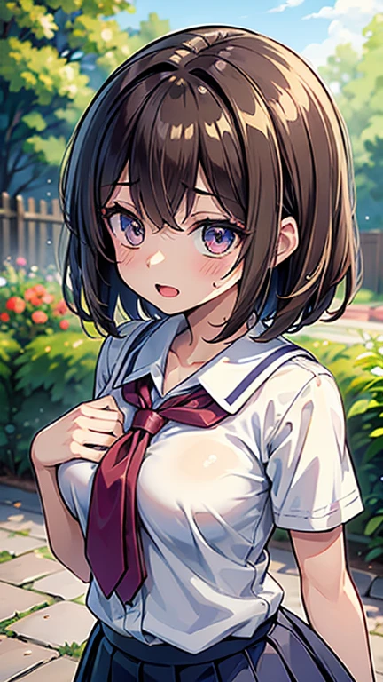 1 woman, 17 years old, (Short Layered Bob haircut, black hair), scared face expression, plump body, blue eyes, Indonesian high-school uniform, (wearing transparent white shirt, long sleeves, light-grey tie), osis logo on shirt pocket, medium breasts, long light-grey pleated skirt, dynamic pose, cowboy shot, shy, in the classroom, smiling.