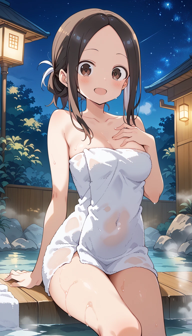 (8k、Best image quality、highest quality、masterpiece)、Detailed face、One girl、Black Hair、twintails、Grey Eyes、blush、((Open Mouth))、Earrings、Small breasts、((Cover yourself with a bath towel))、((naked towel))、wet clothes、Cowboy Shot、((night))、Japanese traditional hot spring background
