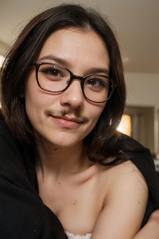 nsfw:1.4, mirabel madrigal, black open-chest sweater, glasses retrato de cuerpo entero, pechos grandes, bebiendo vino tinto, fondo restaurante tradicional pelicula Encanto, lentes, Maribel Madrigal de Encanto, sonriendo, viendo al espectador, ojos sensuales, mirada sensual, sonrojada:1.2, luz suave,